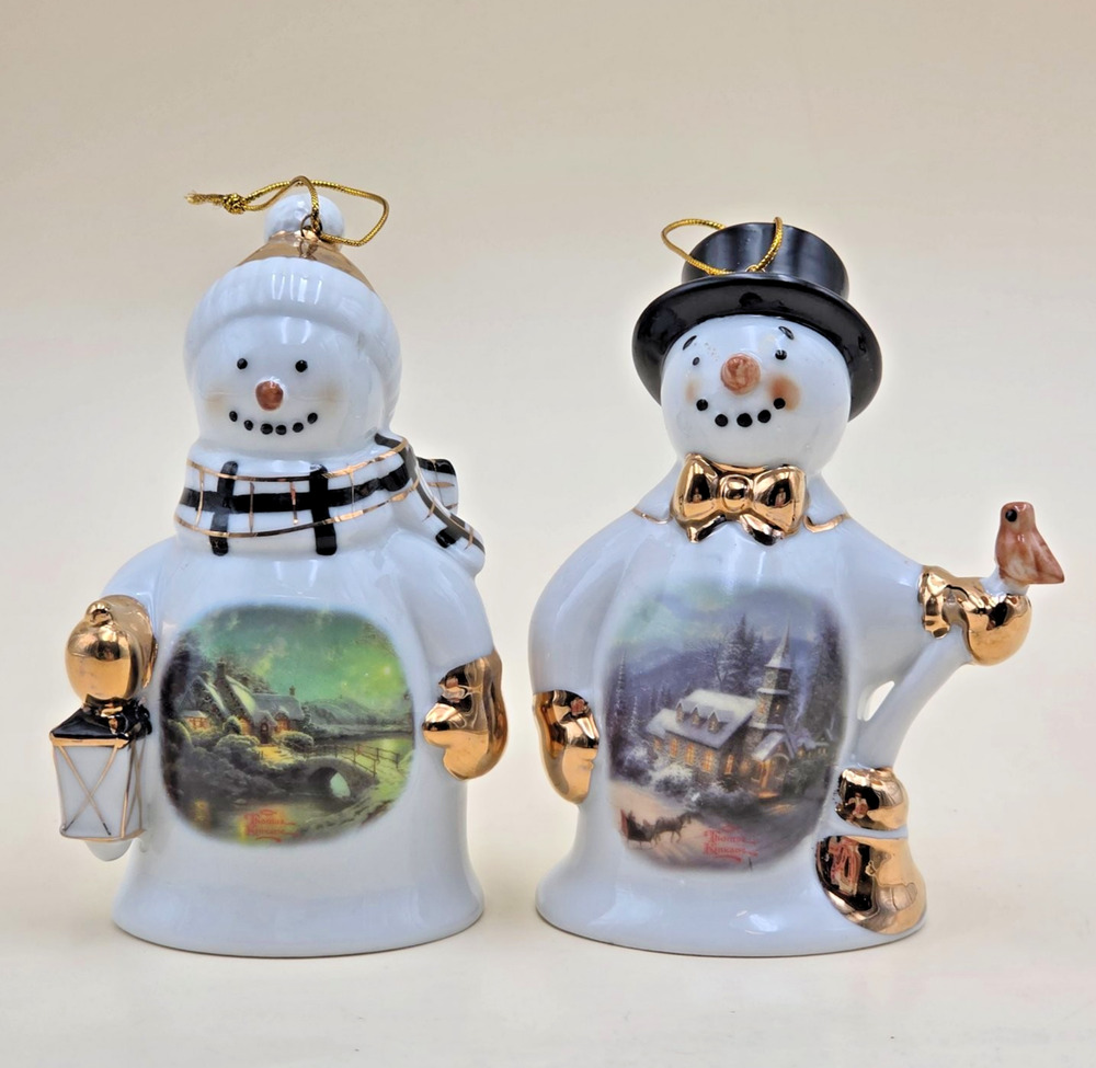 Thomas Kinkade Christmas Moonlight & Sunday Evening Sleigh Ride 2 Snowmen VTG